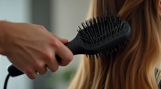 Gros plan des mains d'une coiffeuse professionnelle en train de réaliser un brushing avec une brosse ronde et un sèche-cheveux, cheveux lisses et brillants