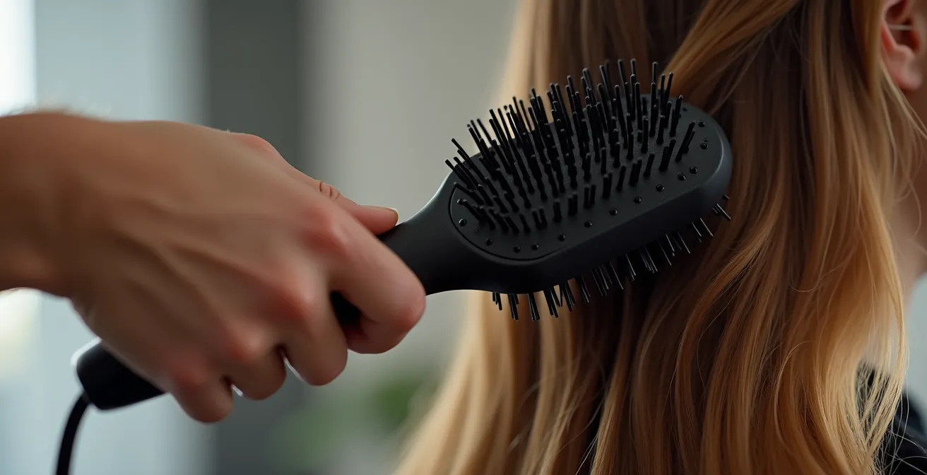 Gros plan des mains d'une coiffeuse professionnelle en train de réaliser un brushing avec une brosse ronde et un sèche-cheveux, cheveux lisses et brillants