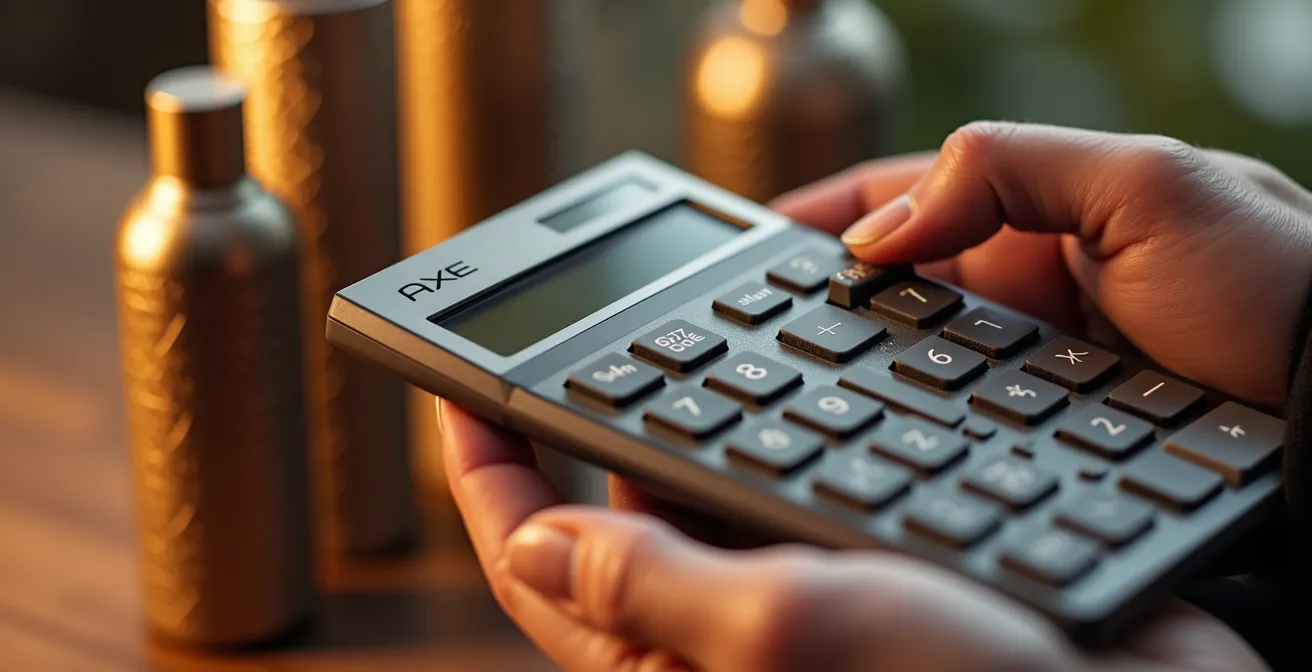 Mains tenant une calculatrice avec des produits de beauté en arrière-plan flou