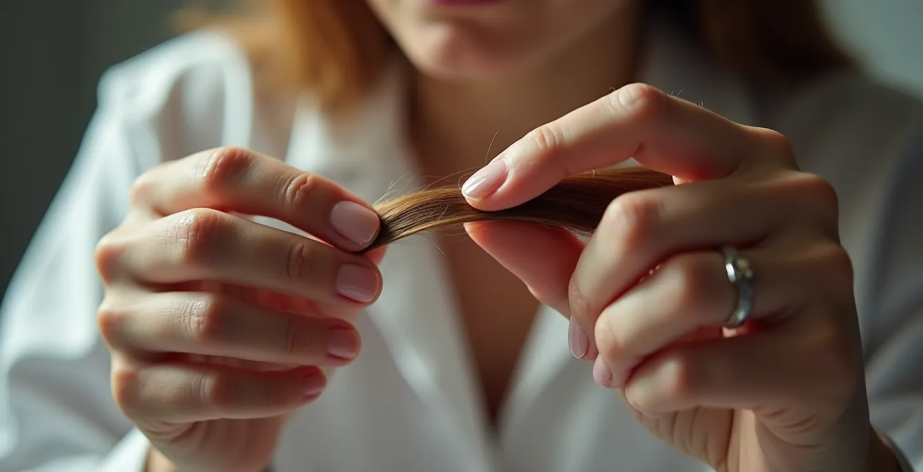 Mains de professionnel examinant délicatement une mèche de cheveux avec précision