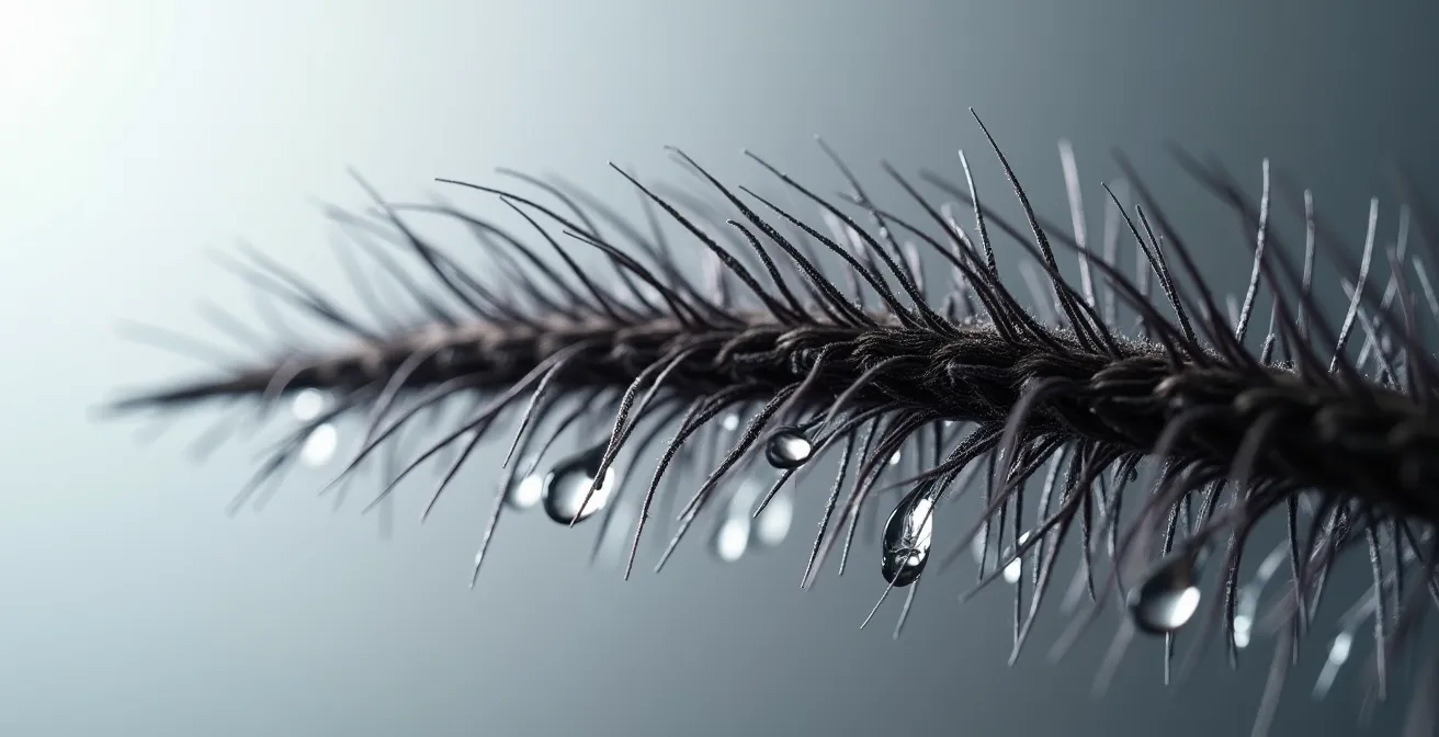 Vue macro détaillée de la structure d'une mèche de cheveu montrant les écailles de la cuticule lissées et scellées