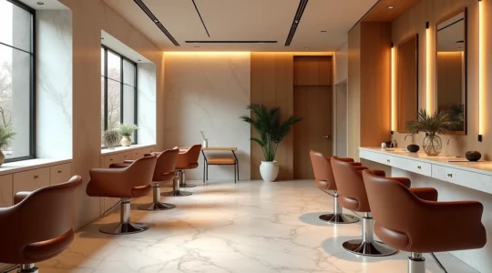 Intérieur élégant d'un salon de coiffure haut de gamme avec fauteuils design et éclairage sophistiqué