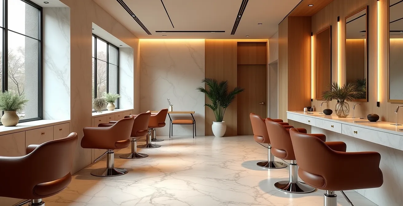 Intérieur élégant d'un salon de coiffure haut de gamme avec fauteuils design et éclairage sophistiqué